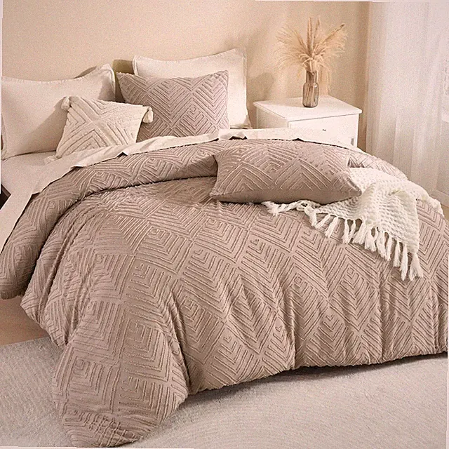 King Size Light Coffee Tufted Boho Comforter Set, 3 Pieces