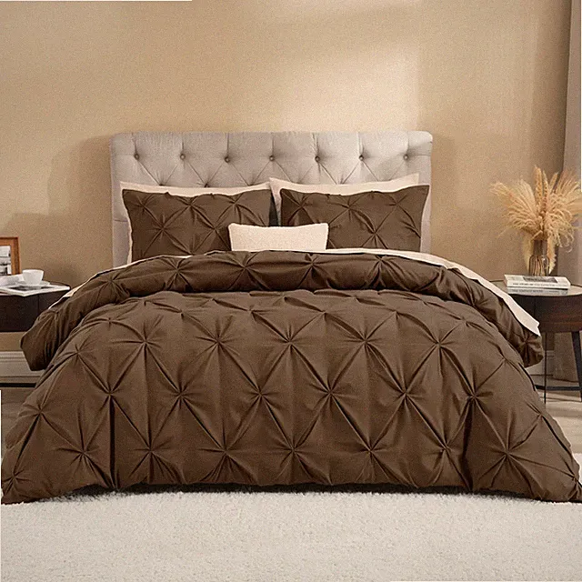 Litanika Brown Oversized King Pinch Pleat Duvet Cover 3 Pieces Pintuck Cover