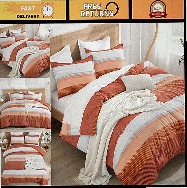 Litanika Burnt Orange King Comforter Set Boho Stripe 3 Piece