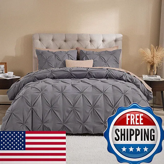Litanika Dark Grey California King Pinch Pleat Duvet Cover 3 Piece Pintuck Micro