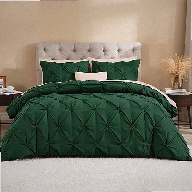 Litanika Emerald Pinch Pleat Duvet Cover Queen, 3 Pieces Pintuck Soft Polyest...