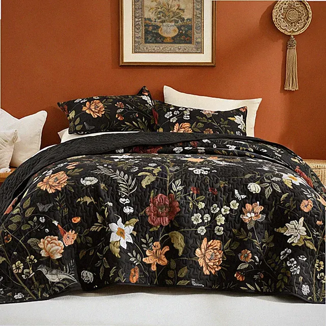 Litanika Floral Black Quilt Queen Size 3 Pieces Botanical Birds Pattern Quil...