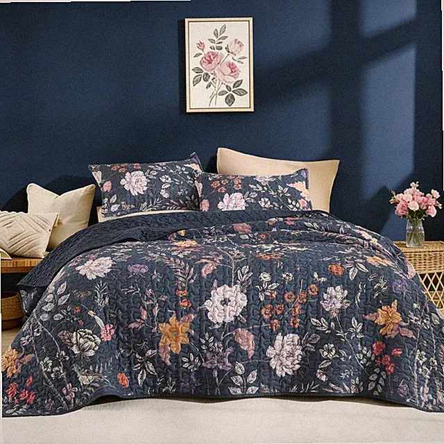 Litanika Floral Navy Blue Quilt Queen Size 3 Pieces Botanical Birds Pattern Bedd