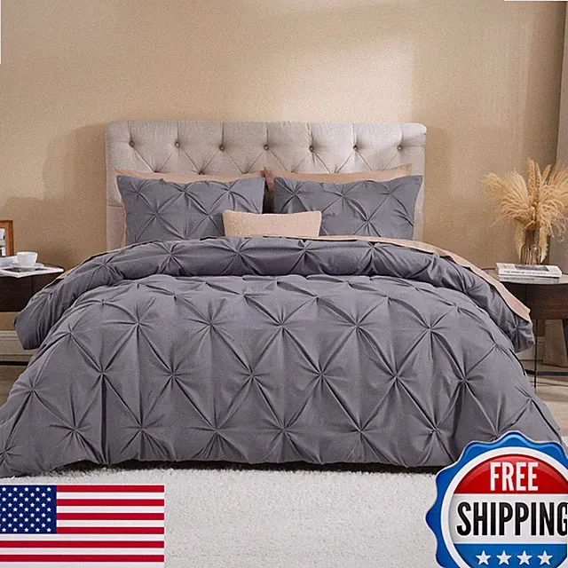 Litanika King Pinch Pleat Duvet Cover Dark Grey 3 Pieces Pintuck Cover Soft