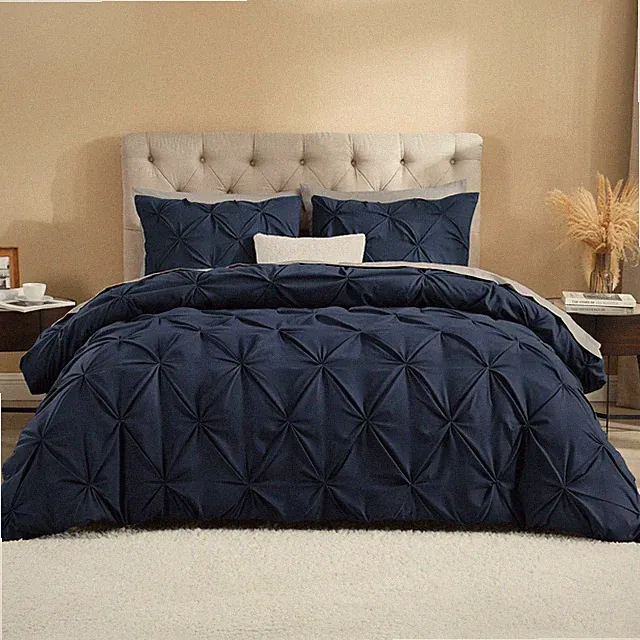 Litanika Navy Blue Pinch Pleat Duvet Cover Queen, 3 Pieces Pintuck Cover Soft...