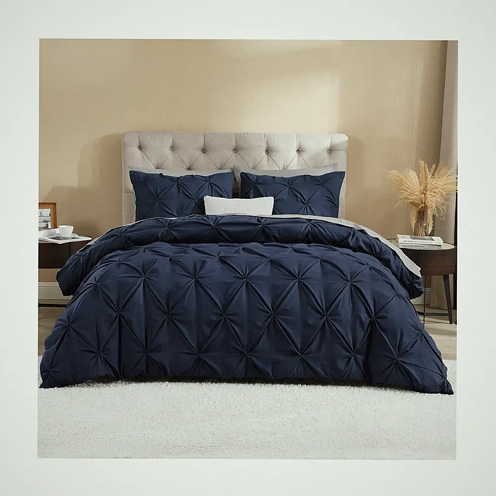Litanika Navy Blue Pinch Pleat Duvet Cover Queen, 3 Pieces Pintuck ... Fast Ship