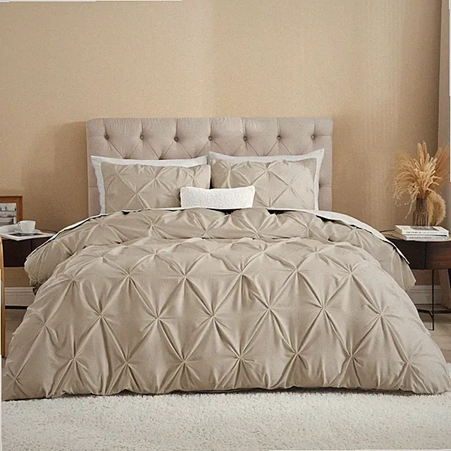 Litanika Oatmeal Pinch Pleat Duvet Cover Queen, 3 Pieces Pintuck Soft Polyest...