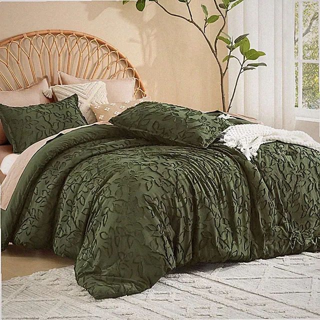 Litanika Queen Size Comforter Set Olive 3 Piece Cream Boho Tufted Bedding Fluffy