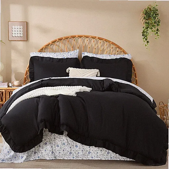 Litanika Queen Size Comforter Sets - 7 Pieces Ruffle Black Bed in a Bag, Soft...