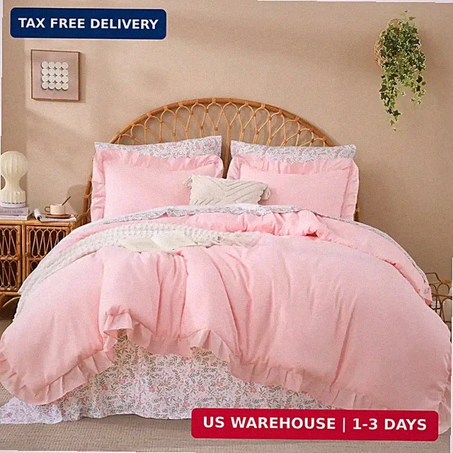 Litanika Queen Size Comforter Sets - 7 Pieces Ruffle Pink Bed in a Bag, Soft Far