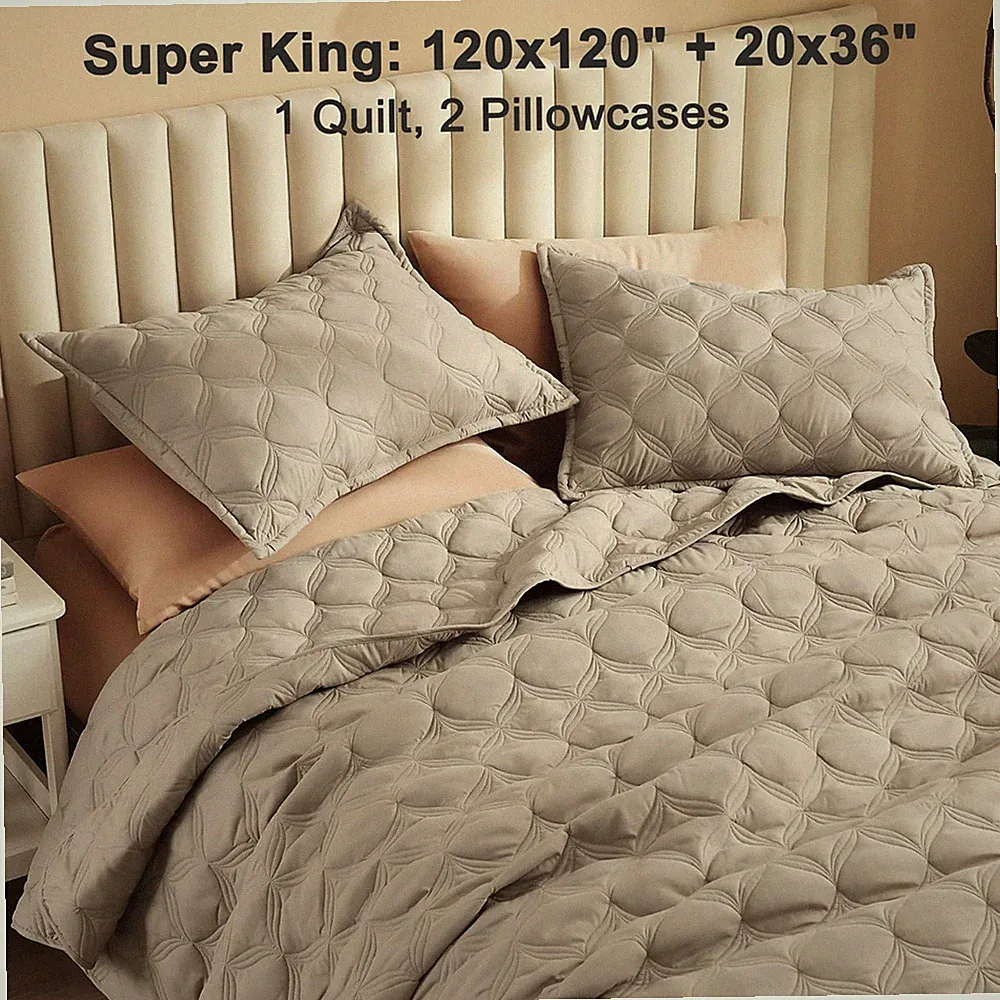 Litanika Quilt Bedding 3pc Comforter & Shams Set, Super King, Light Coffee