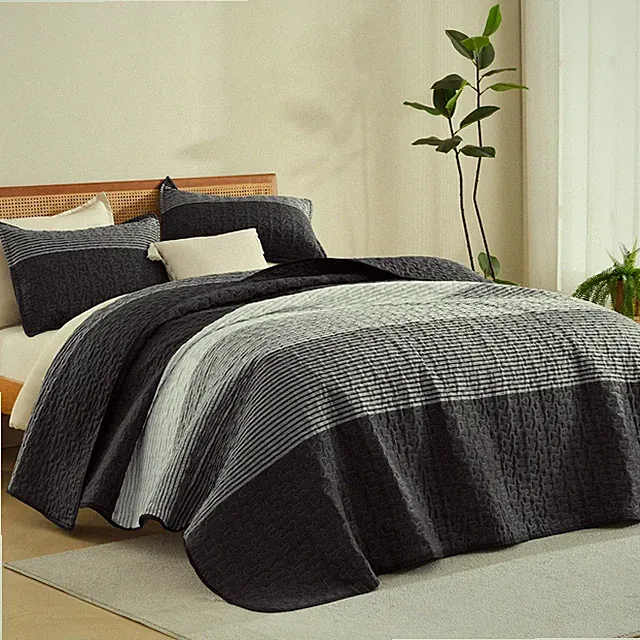 Litanika Quilt Queen Size Black, Grey and White, Gray Stripe Patchwork Summer...