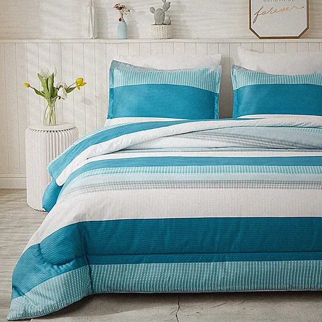 Litanika Teal White Comforter Twin Set, XL Twin Comforter Striped Bedding