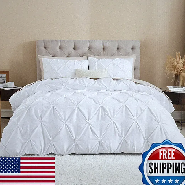 Litanika White Queen Pinch Pleat Duvet Cover 3 Pieces Pintuck Cover Soft