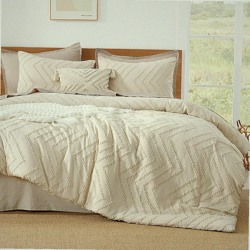 Oversized Super King Comforter Set 120x120, Beige Chevron Tufted Bedding